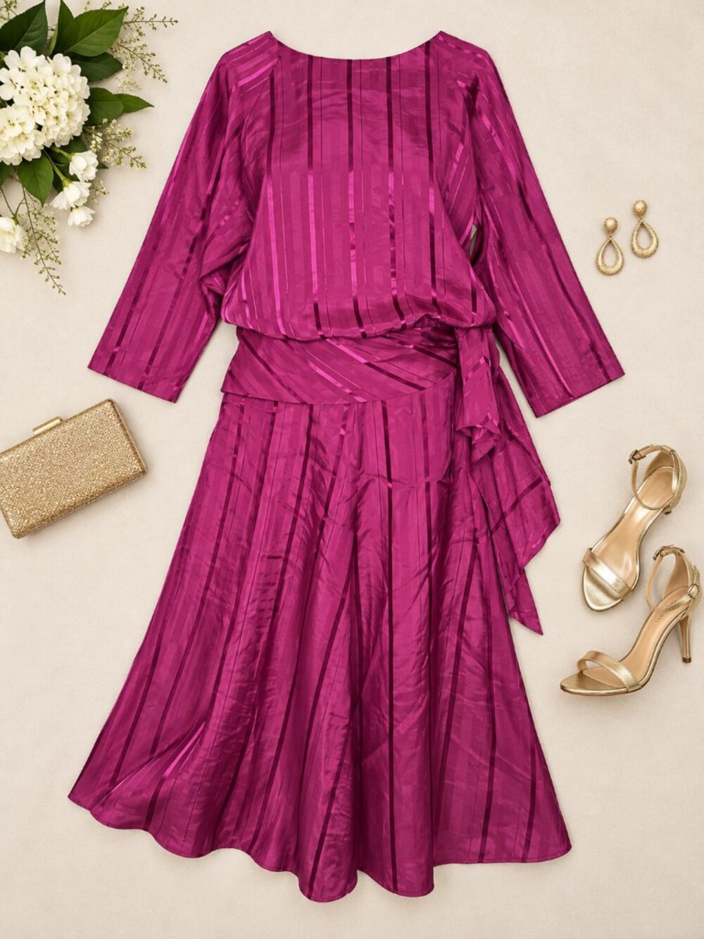 Vintage 80s Magenta Satin Jacquard Midi Dress Batwing Dolman Sash M